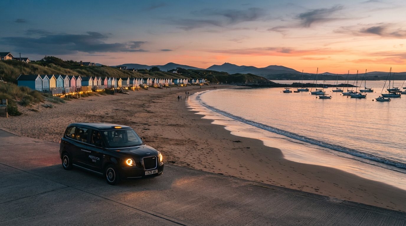 Scenic high-end editorial twilight photography of Abersoch Main Beach on the Llŷn Peninsula in North Wales at golden hour dusk with black taxi cab