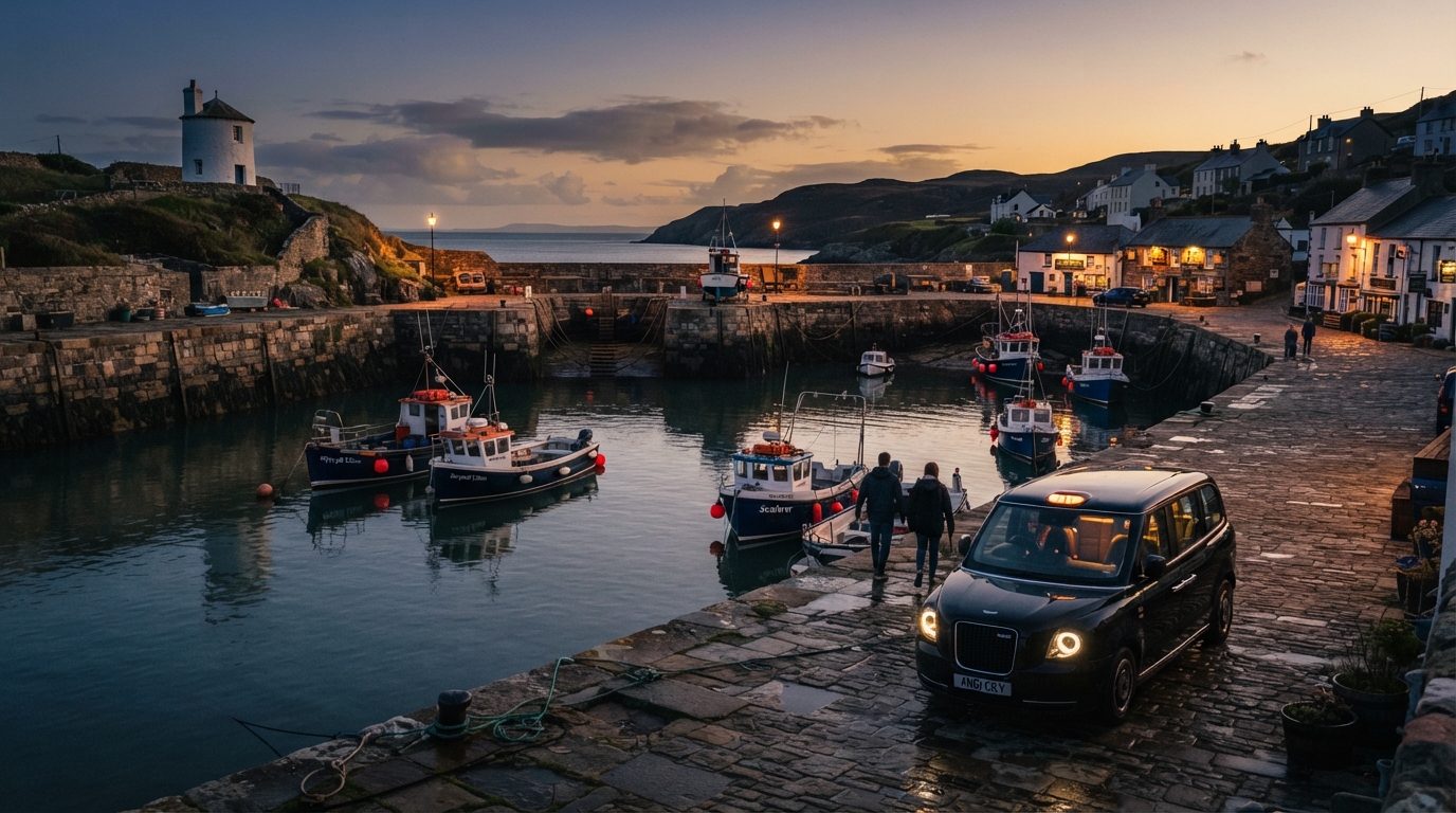 Historic Amlwch Port harbour at dusk with modern black taxi waiting on quayside