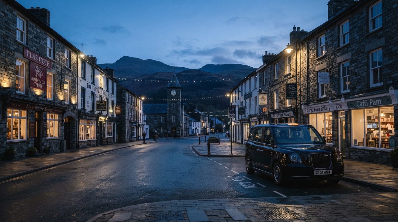 Atmospheric editorial twilight photography of Bala historic town High Street in Gwynedd, North Wales at dusk