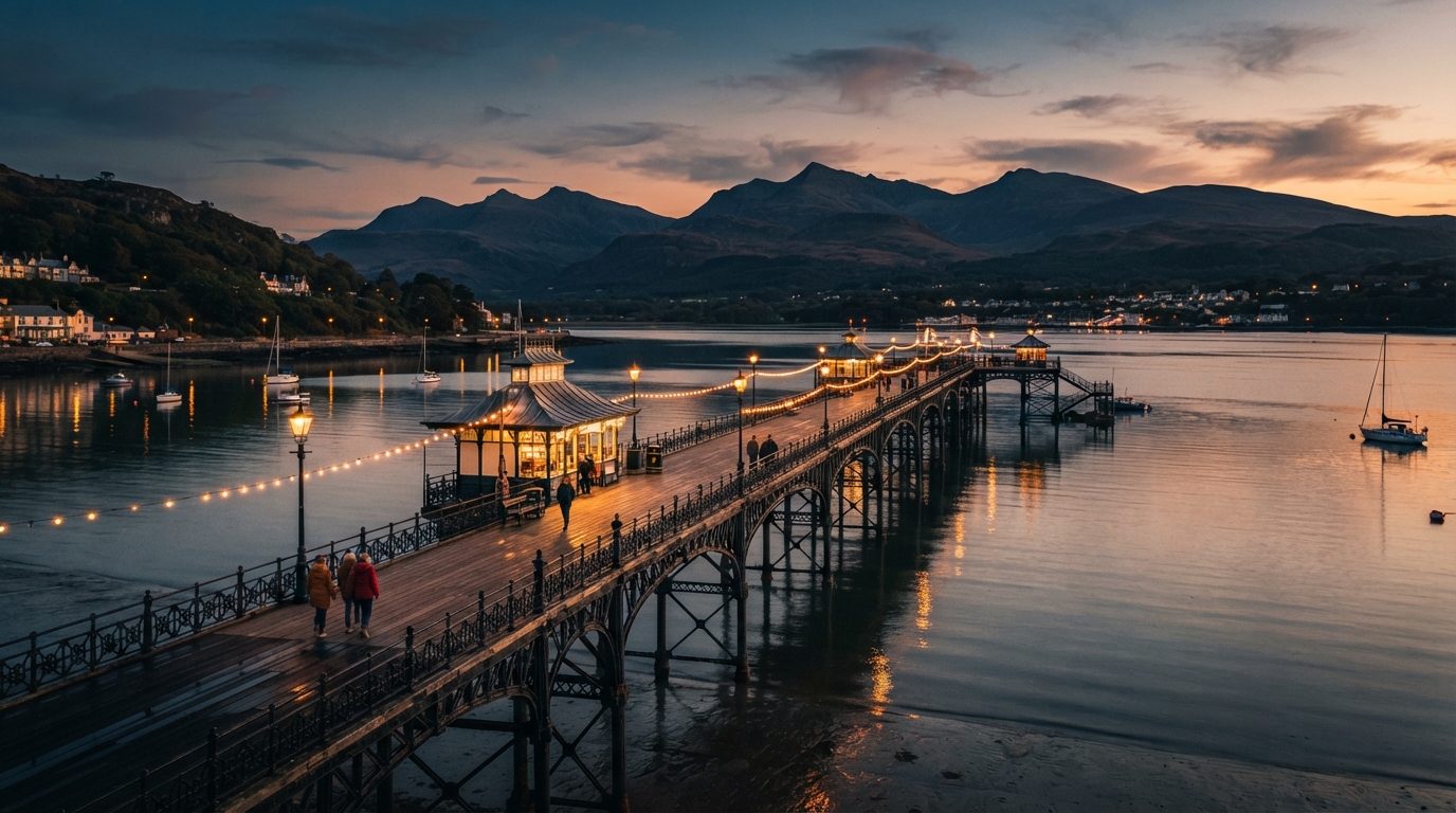 Scenic high-end editorial twilight photography of Bangor Garth Pier extending out over the Menai Strait towards Anglesey in North Wales at golden hour dusk