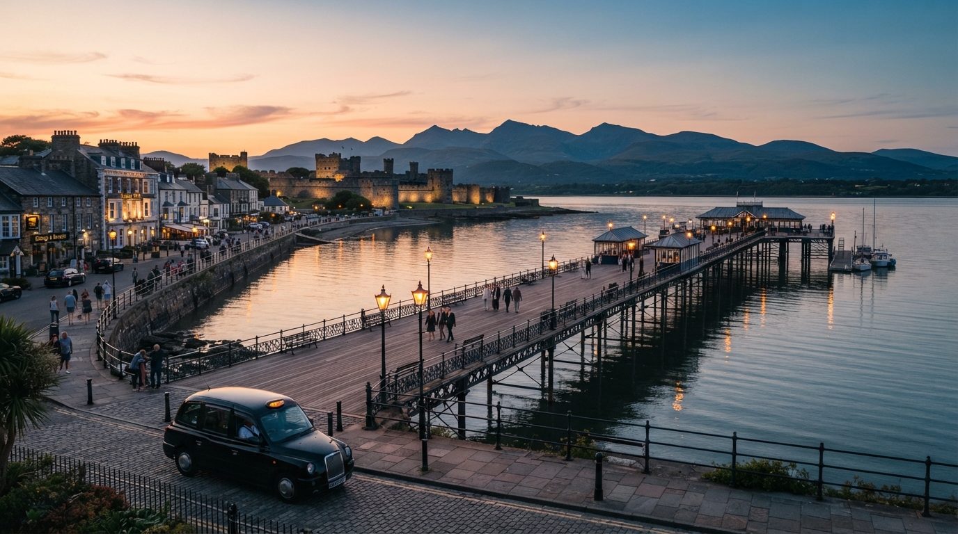Scenic twilight photography of Beaumaris Victorian Pier and seafront promenade