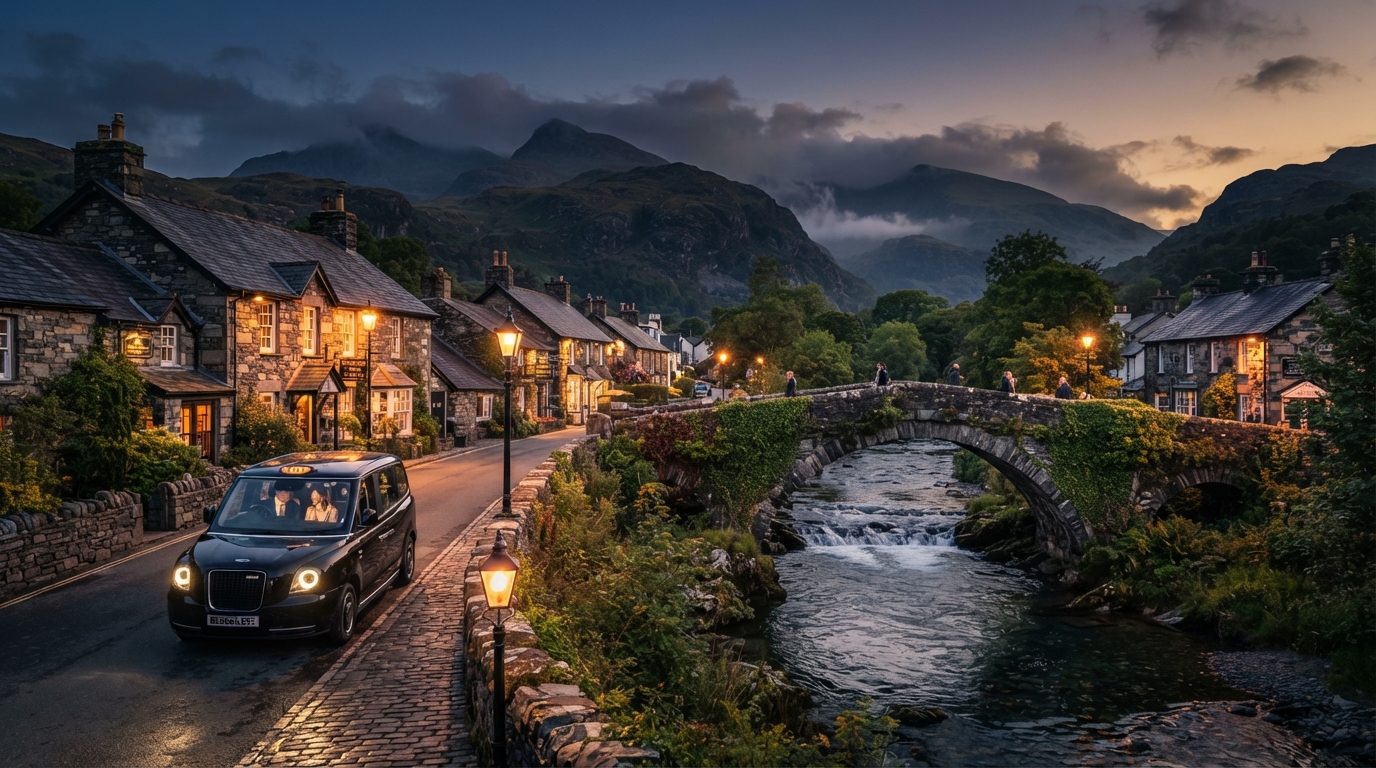 Scenic high-end editorial twilight photography of picturesque Beddgelert village and stone bridge