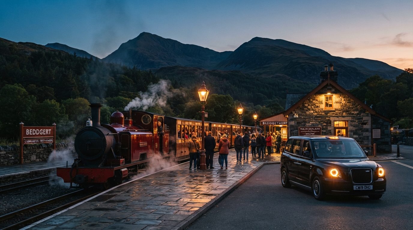 Atmospheric high-end editorial twilight photography of the Welsh Highland Railway steam train at Beddgelert station