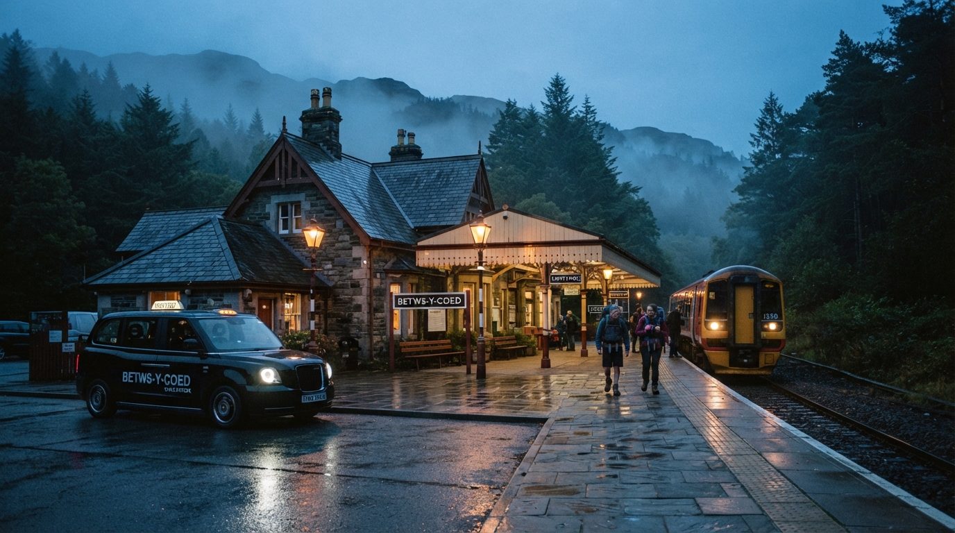 Atmospheric editorial twilight photography of historic Betws-y-Coed railway station nestled in lush Eryri woodlands with awaiting taxi