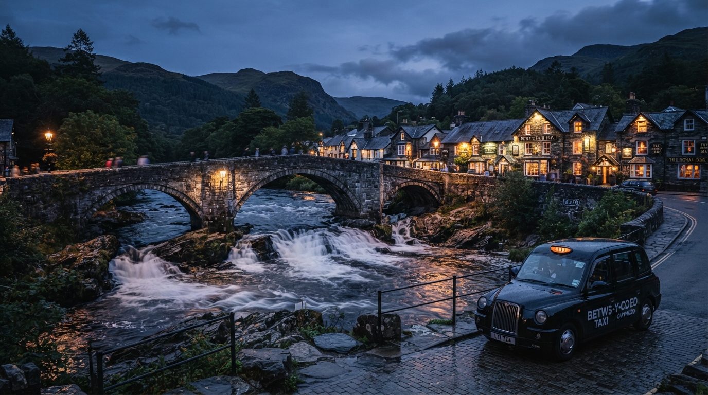 Charming photography of Pont-y-Pair stone bridge and cascading waterfalls in Betws-y-Coed with black taxi