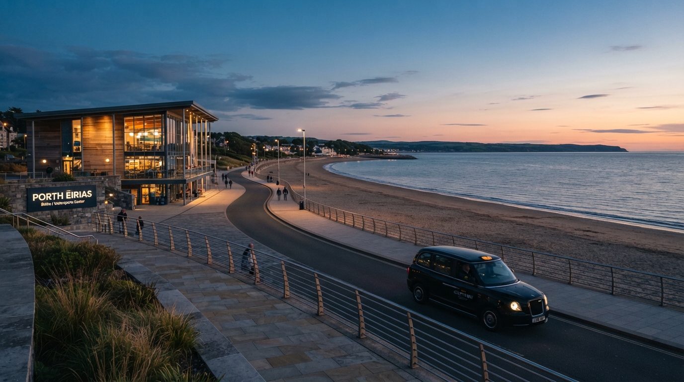 Porth Eirias and Colwyn Bay waterfront promenade at dusk with a black taxi cab traveling by