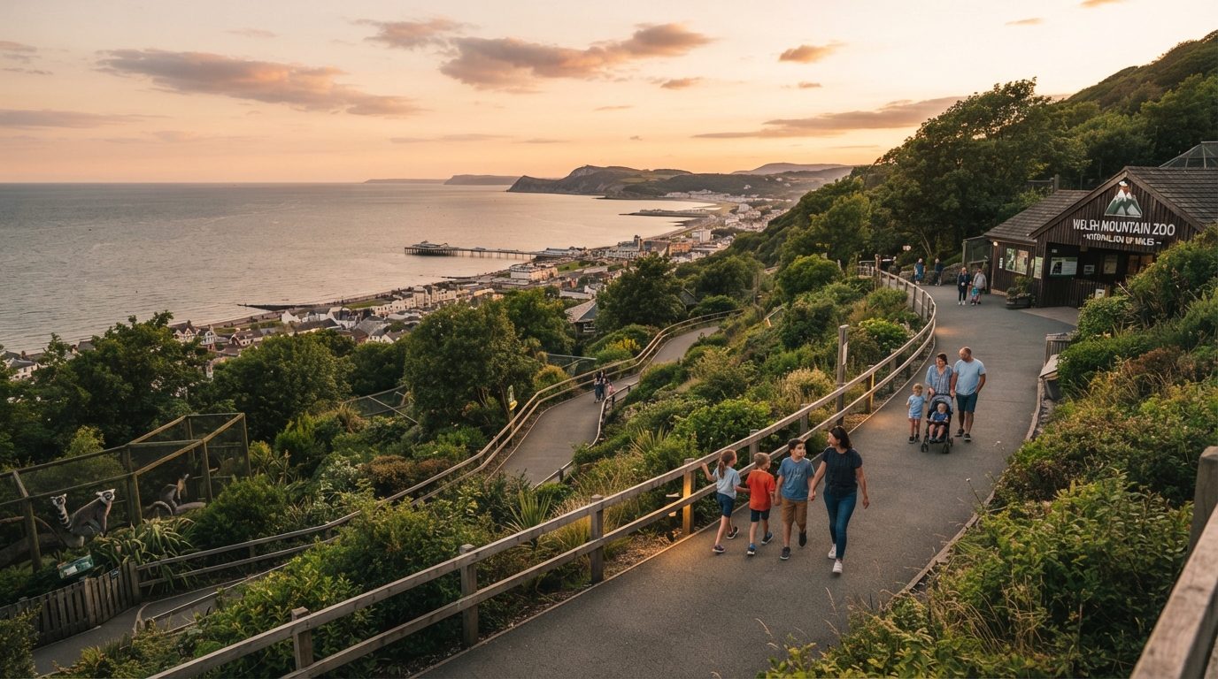 Visitors walking down paved hillside paths at Welsh Mountain Zoo overlooking Colwyn Bay coastline at golden hour