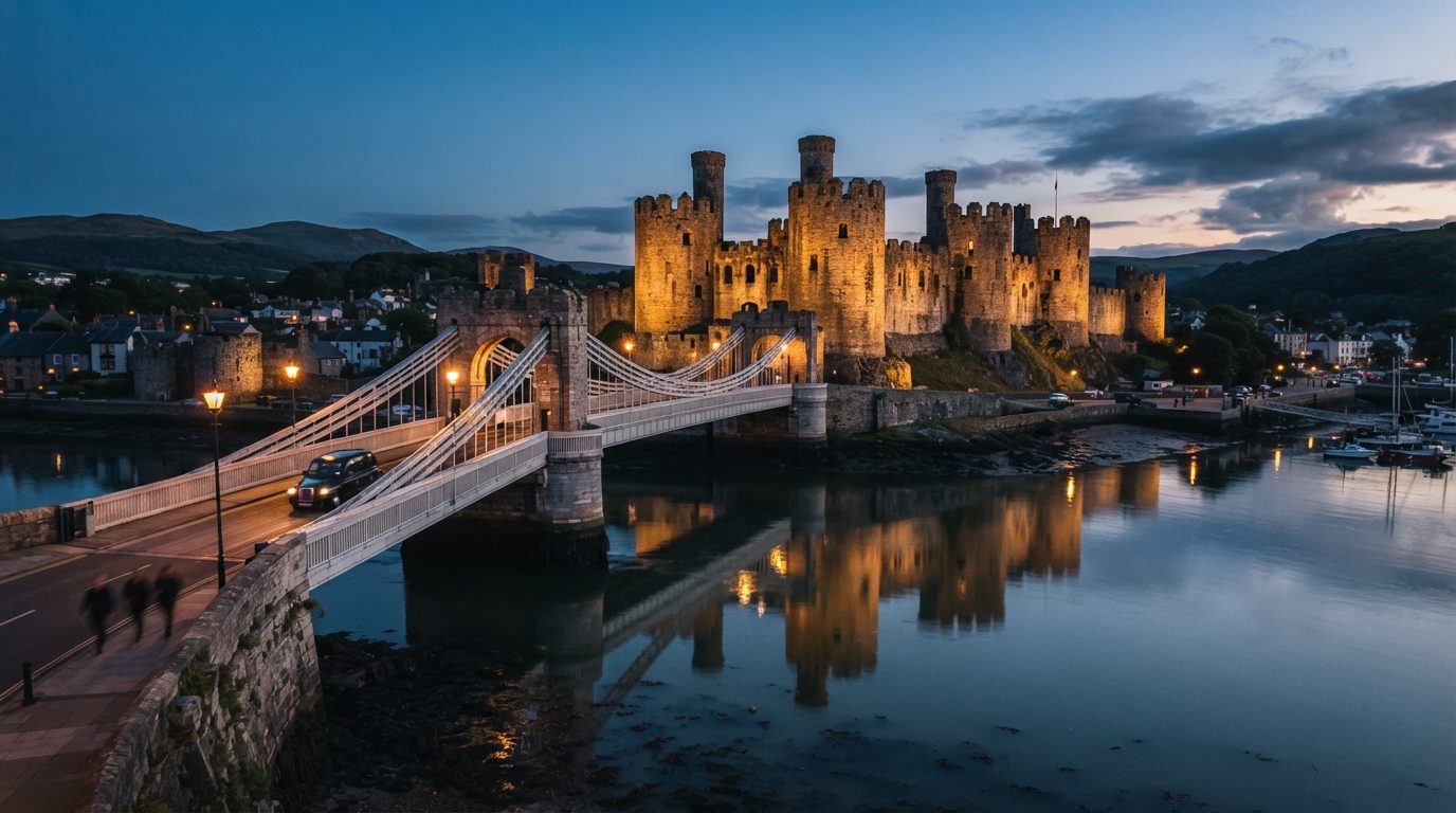Scenic editorial twilight photography of historic Conwy Castle and Conwy suspension bridge over the River Conwy with illuminated stone fortress towers reflecting in calm tidal waters, a sleek modern black UK taxi cab crossing near the castle gate, luxury travel documentary style, high resolution.