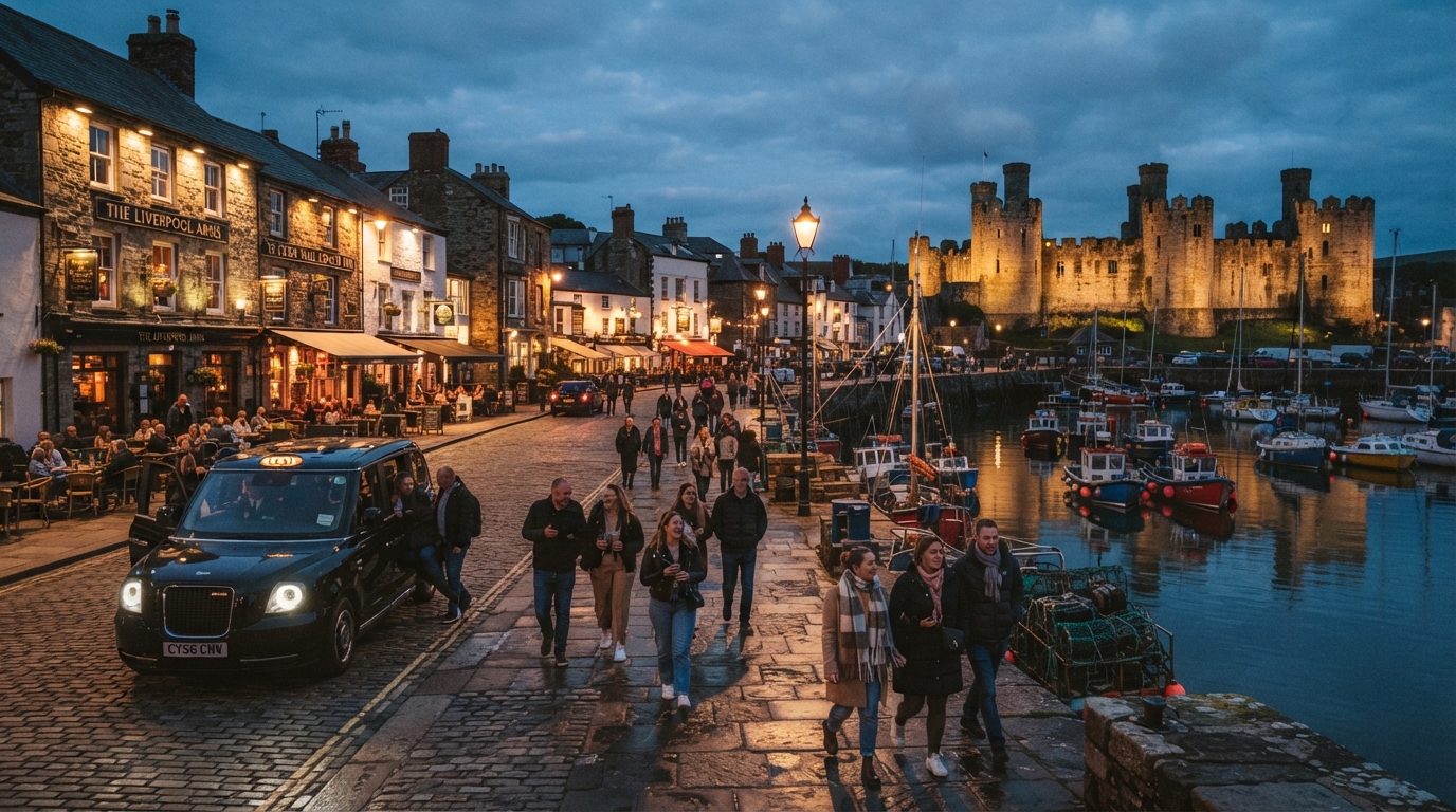 Atmospheric twilight lifestyle photography of Conwy historic town quayside and harbour at dusk, warm ambient lights from traditional stone pubs and restaurants along the quay, fishing boats moored, tourists and couples enjoying an evening stroll, sleek modern black UK cab waiting nearby, editorial travel magazine aesthetic.