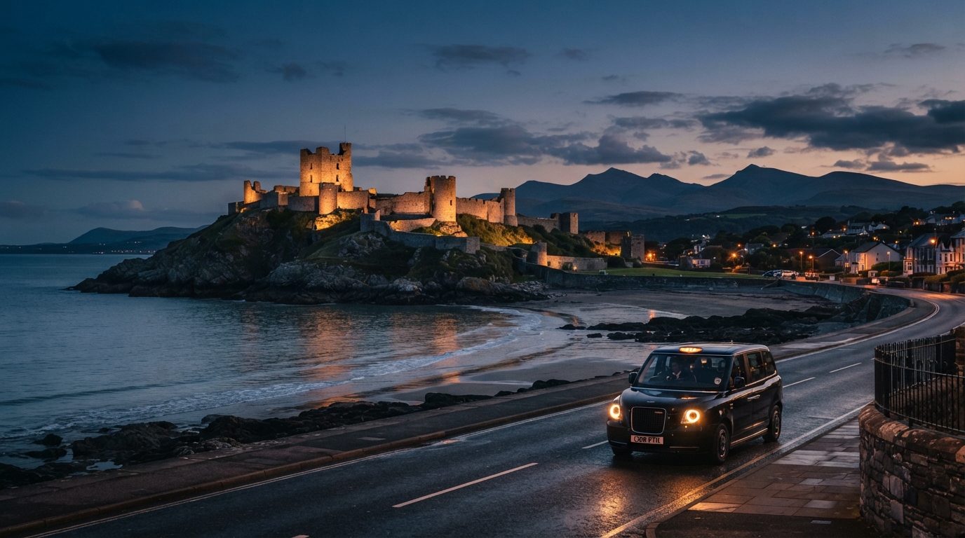 Atmospheric twilight photography of historic Criccieth Castle perched dramatically on a rocky headland overlooking Cardigan Bay