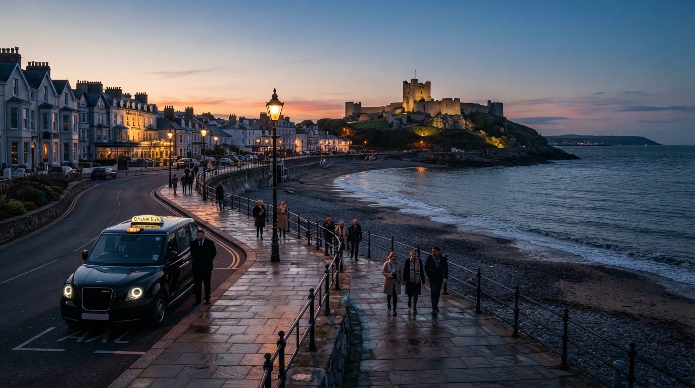 Scenic twilight editorial photography of Criccieth beach promenade and Marine Beach with black UK taxi cab parked neatly