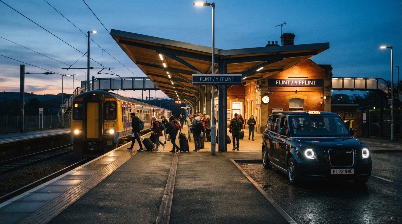 Atmospheric editorial photography of Flint railway station in North Wales at twilight dusk with black taxi