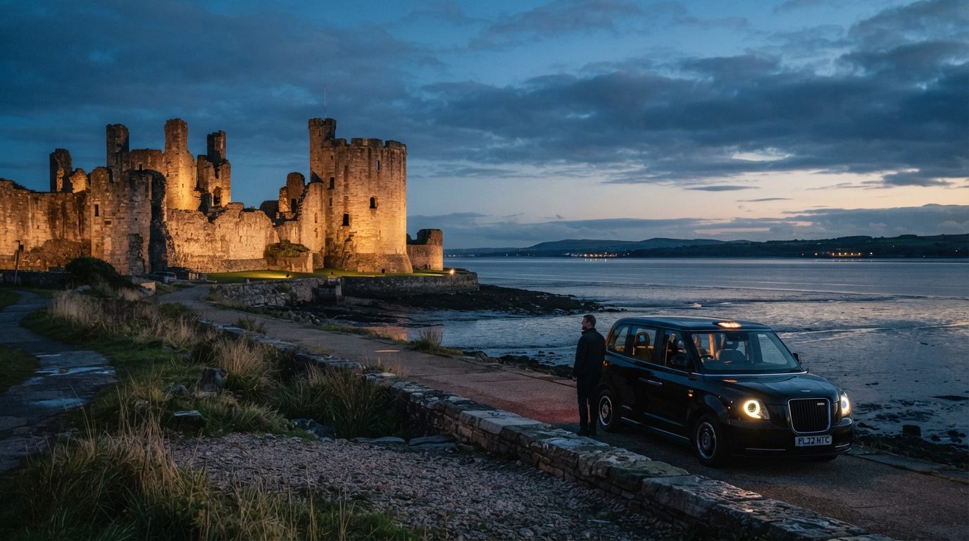 Atmospheric twilight editorial photography of historic Flint Castle ruins overlooking the tranquil Dee Estuary at dusk with black taxi