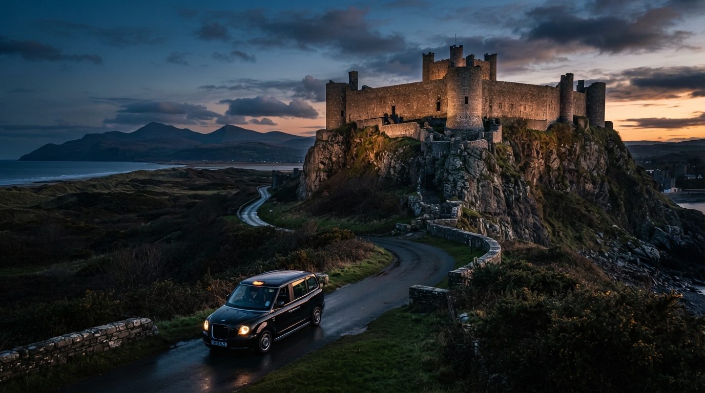 Atmospheric high-end editorial twilight photography of historic Harlech Castle perched dramatically on a sheer rocky cliff overlooking Cardigan Bay with a modern black cab