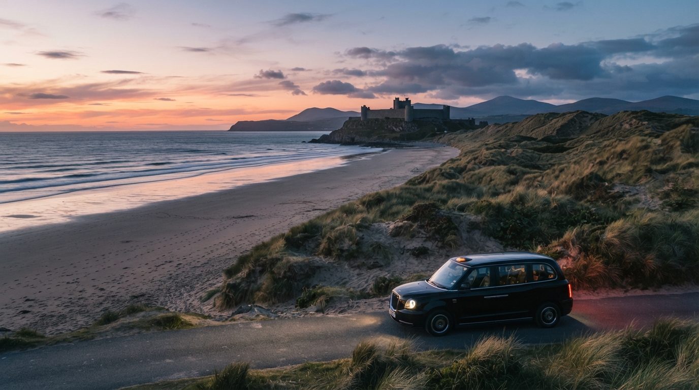 Scenic high-end editorial twilight photography of Harlech Beach and wide coastal sand dunes along Cardigan Bay in North Wales at dusk