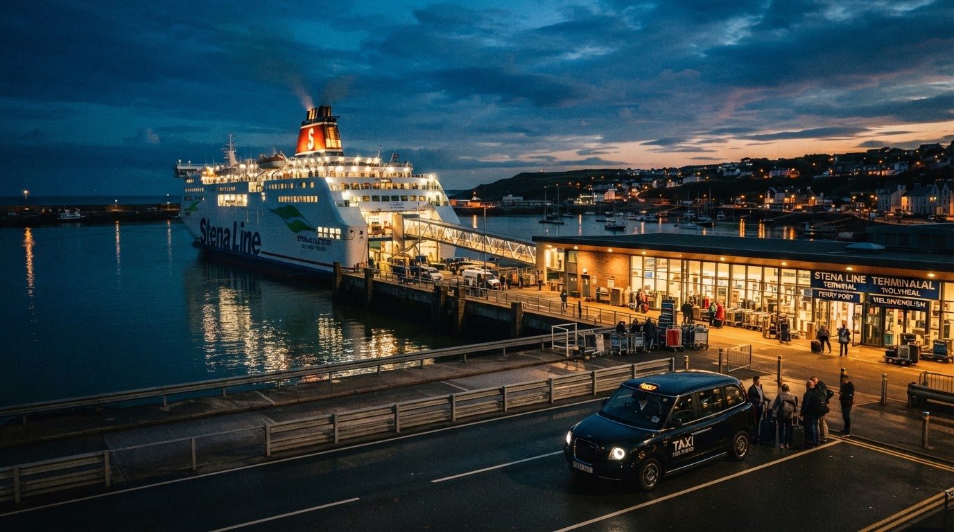Atmospheric high-end editorial twilight photography of Holyhead Ferry Terminal and inner harbour