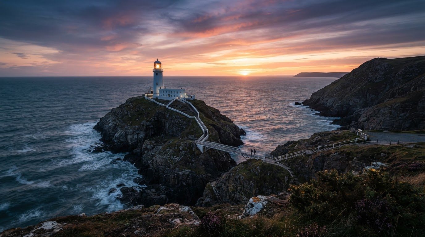 Scenic high-end editorial twilight photography of South Stack Lighthouse perched on rugged islet off Holyhead Mountain