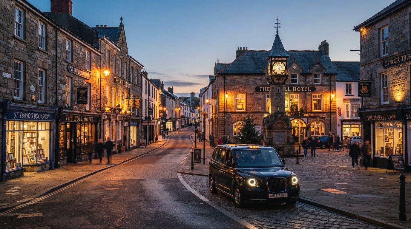 Charming high-end editorial photography of Llangefni town centre on the Isle of Anglesey at twilight, showing the historic market town square and high street with traditional Welsh stone buildings, warm ambient street lighting, a sleek modern black UK taxi cab waiting respectfully near the pedestrian area, soft dusk sky, luxury travel documentary aesthetic.