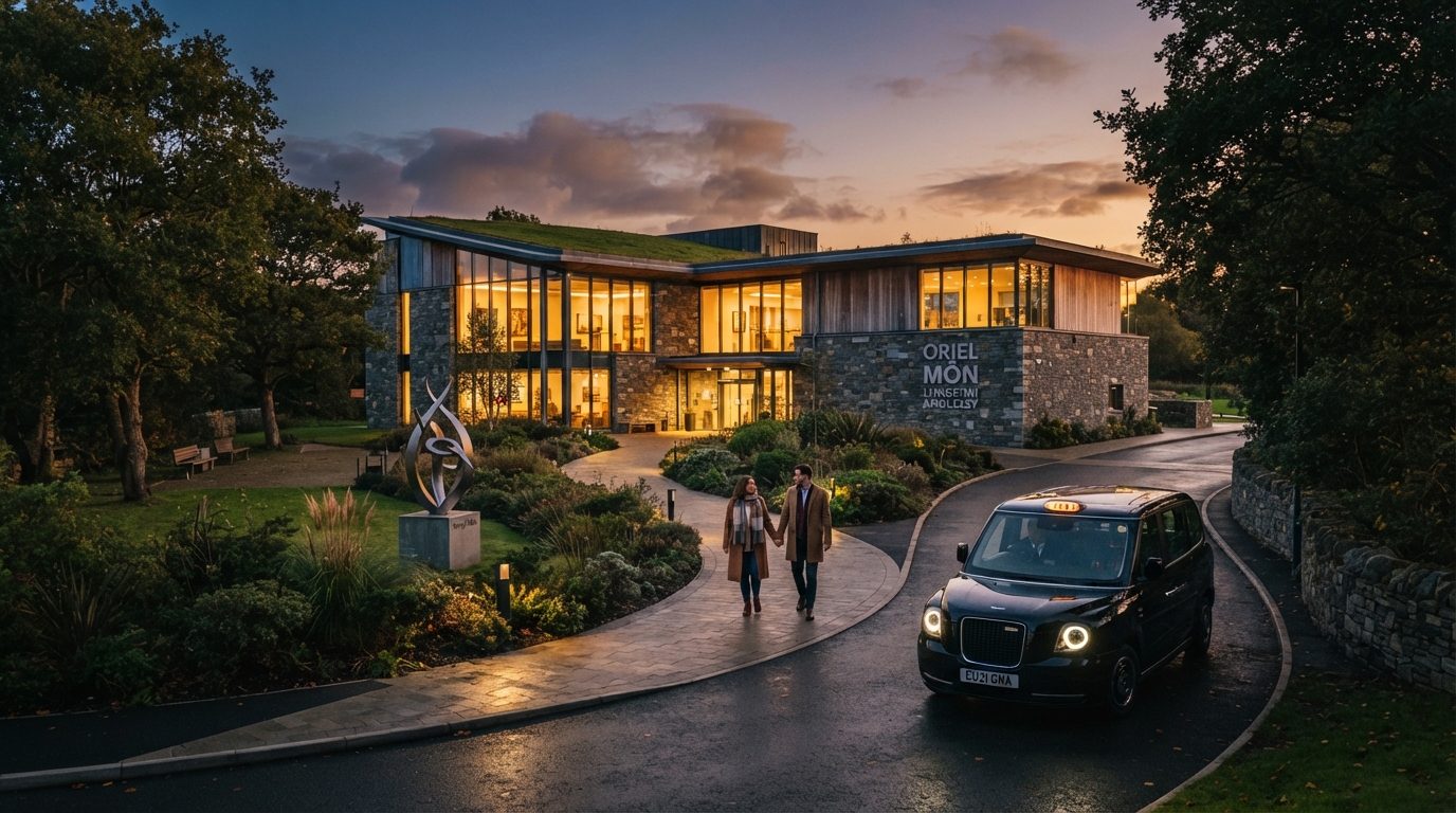 Scenic editorial photography of Oriel Môn art gallery and museum exterior in Llangefni Anglesey at golden hour dusk, modern Welsh cultural architecture set in peaceful landscaped grounds with sculpture, warm twilight glow, visitors walking toward a sleek modern black UK taxi cab waiting quietly in the driveway, editorial travel magazine aesthetic.
