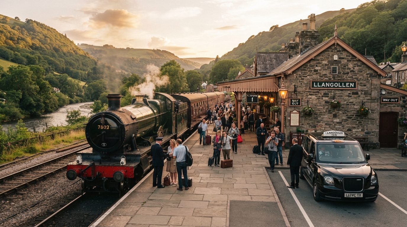 Cinematic editorial photography of Llangollen heritage railway station and steam train along the River Dee valley at golden hour sunset
