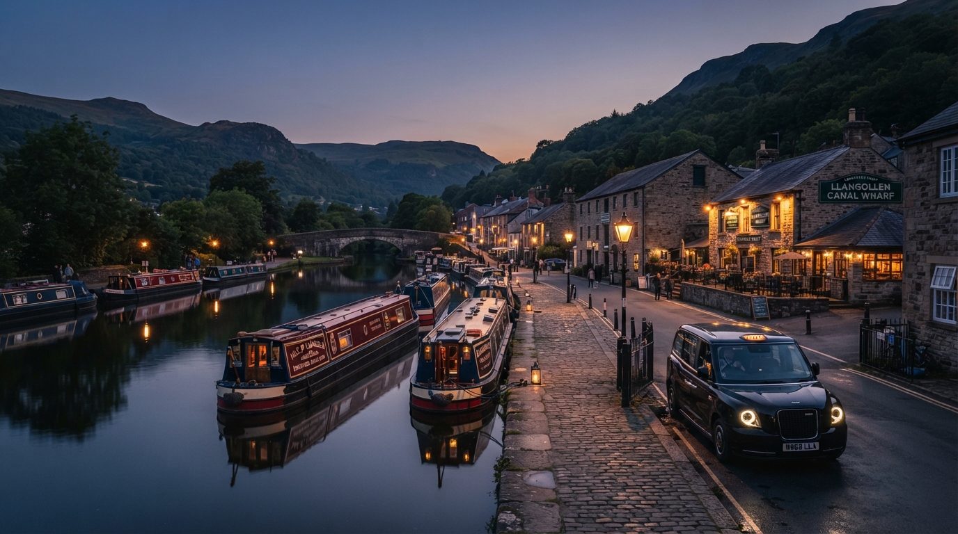 Atmospheric editorial twilight photography of Llangollen Wharf and the historic Llangollen Canal in North Wales at dusk