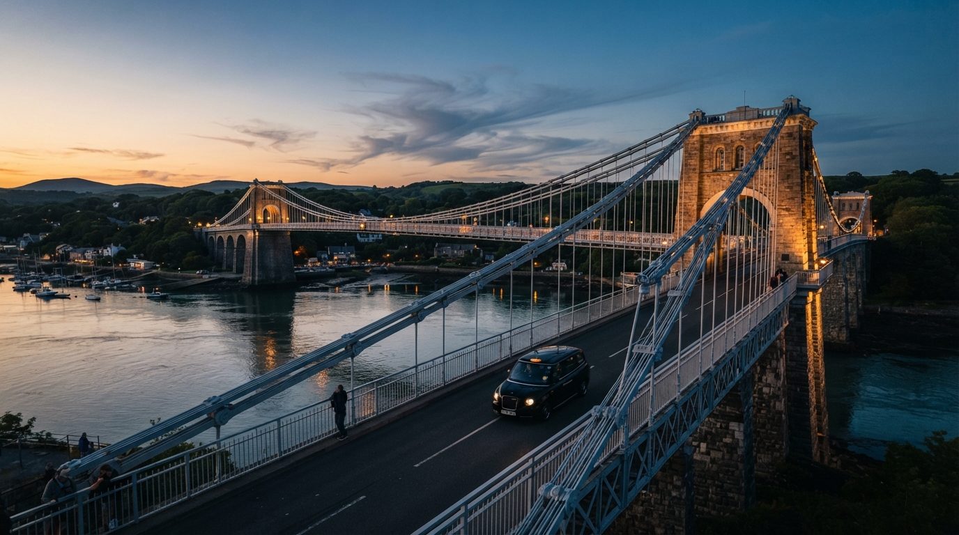 Menai Suspension Bridge at dusk crossing between Anglesey and Bangor with a black cab