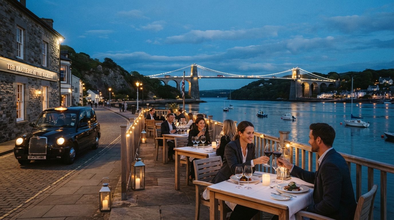 Waterside terrace dining in Menai Bridge overlooking the Strait with a local cab arriving