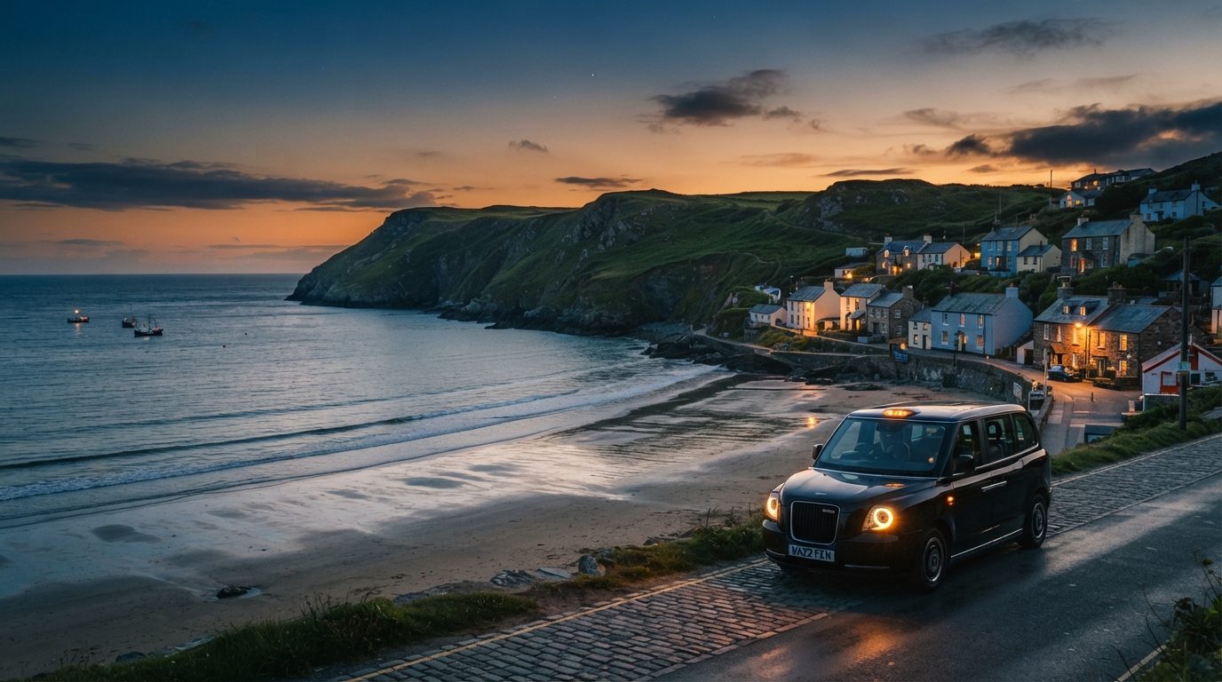 Scenic high-end editorial twilight photography of Nefyn Beach and dramatic sweeping bay with black taxi cab