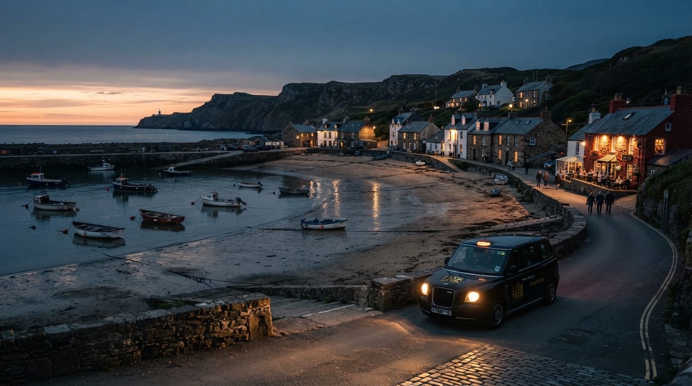 Atmospheric high-end editorial twilight photography of historic Porthdinllaen beachside fishing village and harbour