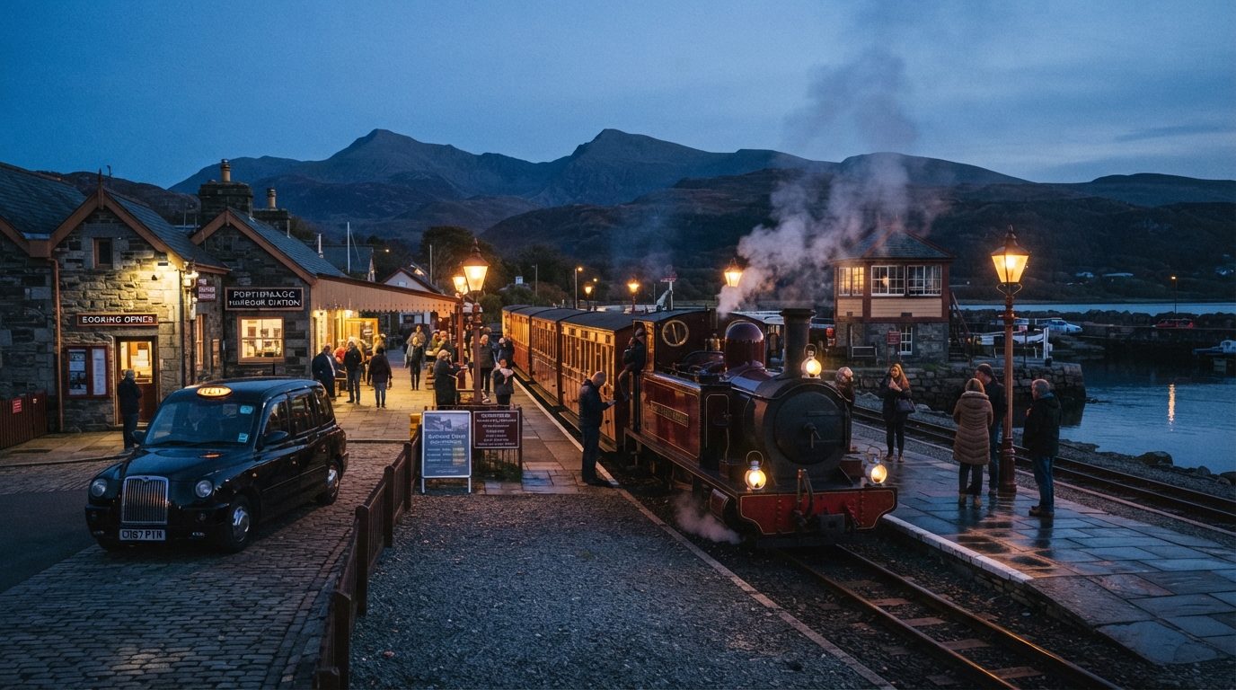 Atmospheric editorial photography of Porthmadog Harbour Station terminus of the historic Ffestiniog & Welsh Highland Railway at twilight, vintage narrow-gauge steam train on the tracks with gentle steam wisps, station platform lamps glowing warmly, mountains of Eryri in the distance, a sleek black modern UK taxi cab parked near the station entrance waiting for passengers, premium travel documentary style.