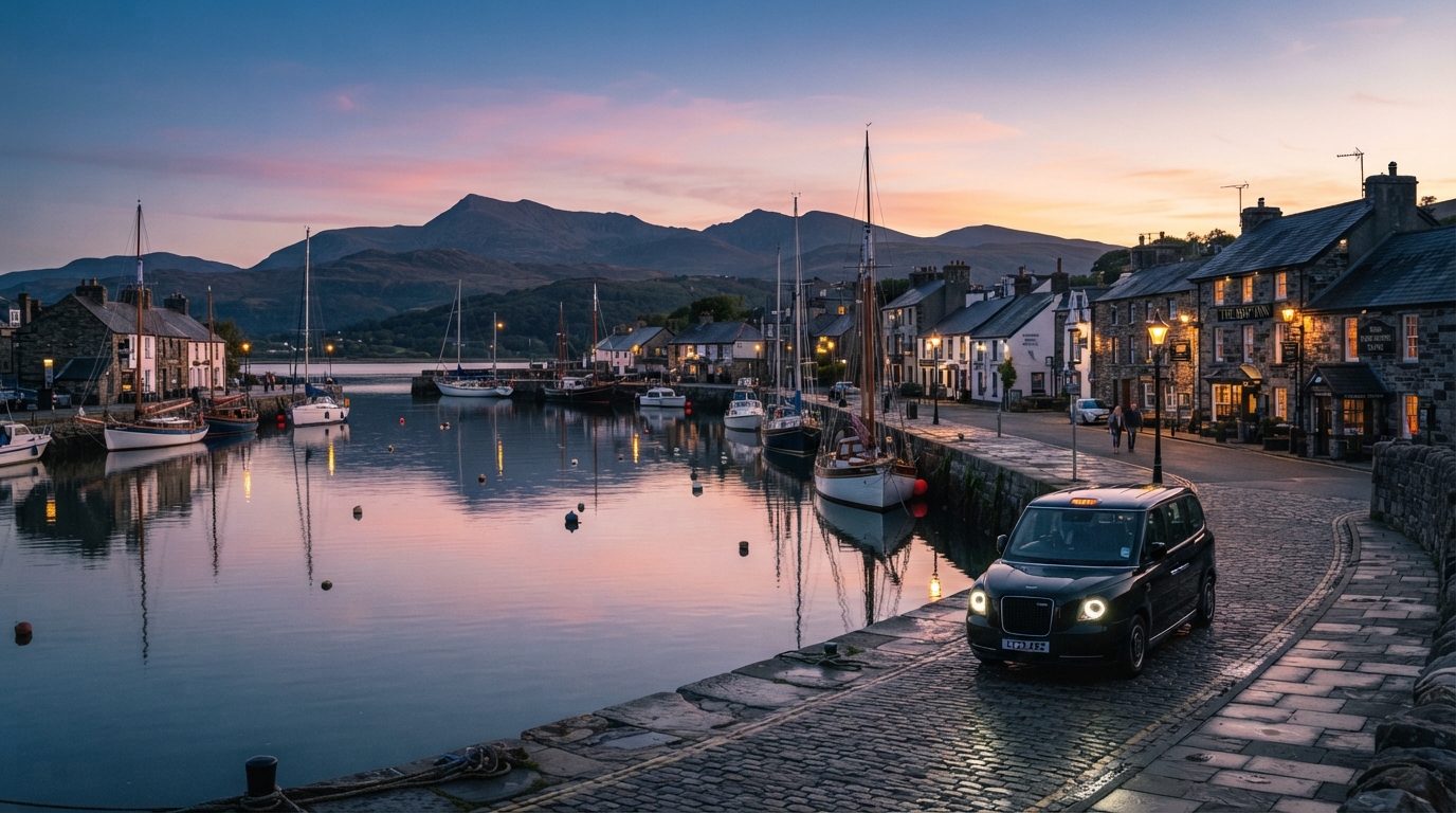Charming high-end editorial twilight photography of Porthmadog Harbour at dusk, tranquil tidal waters reflecting soft pastel sunset and warm evening harbour lights, historic sailing boats and yachts moored, stone quay with traditional Welsh buildings and mountains of Eryri (Snowdonia) in the background, a sleek modern black UK taxi cab waiting respectfully along the quayside road, luxury travel editorial aesthetic.