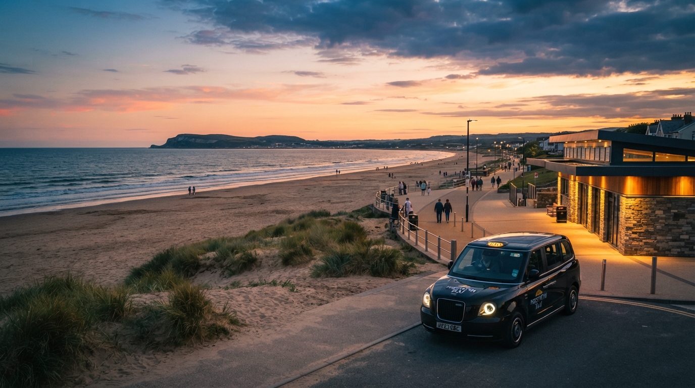 Prestatyn Central Beach, Barkby Beach and coastal promenade with golden sand dunes and PingCab taxi