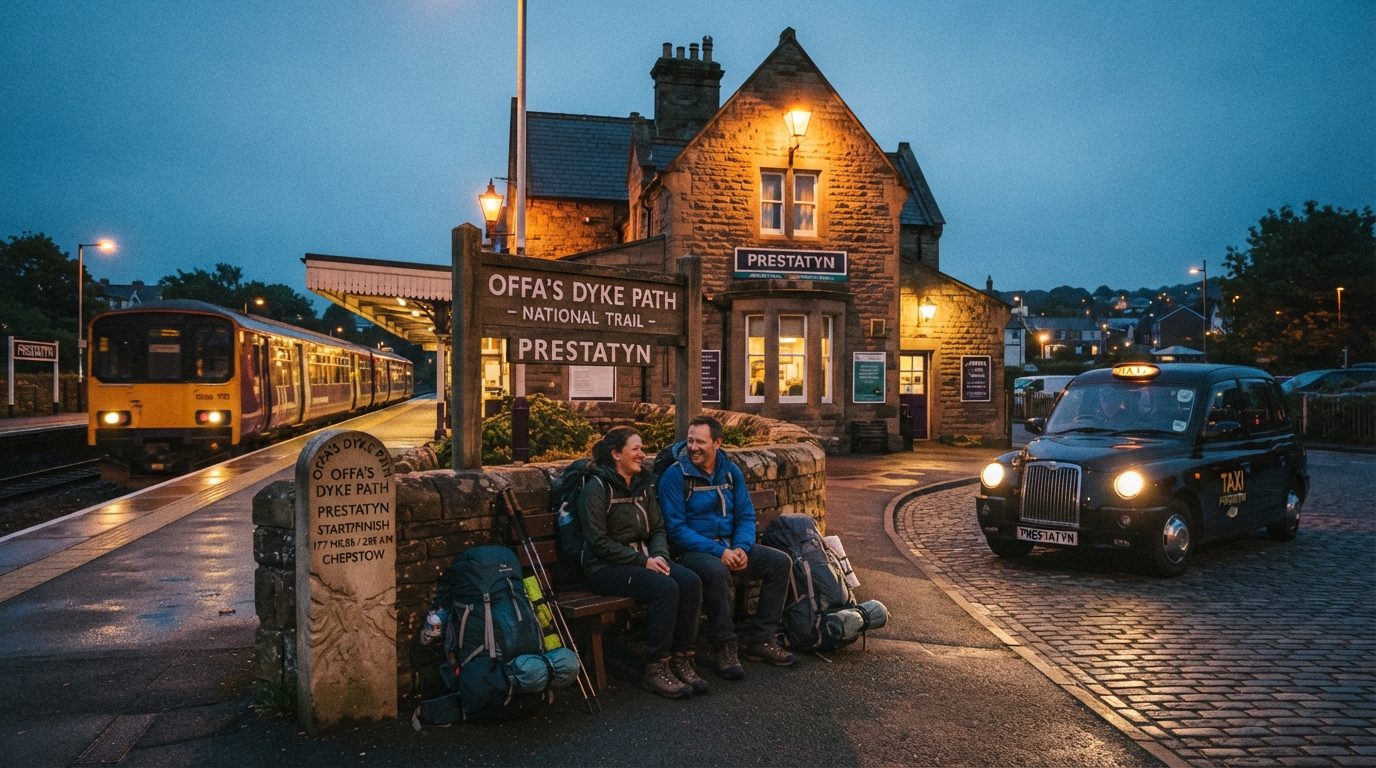 Prestatyn Railway Station with the iconic Offa's Dyke Path National Trail stone marker, hikers resting, and an approaching PingCab vehicle