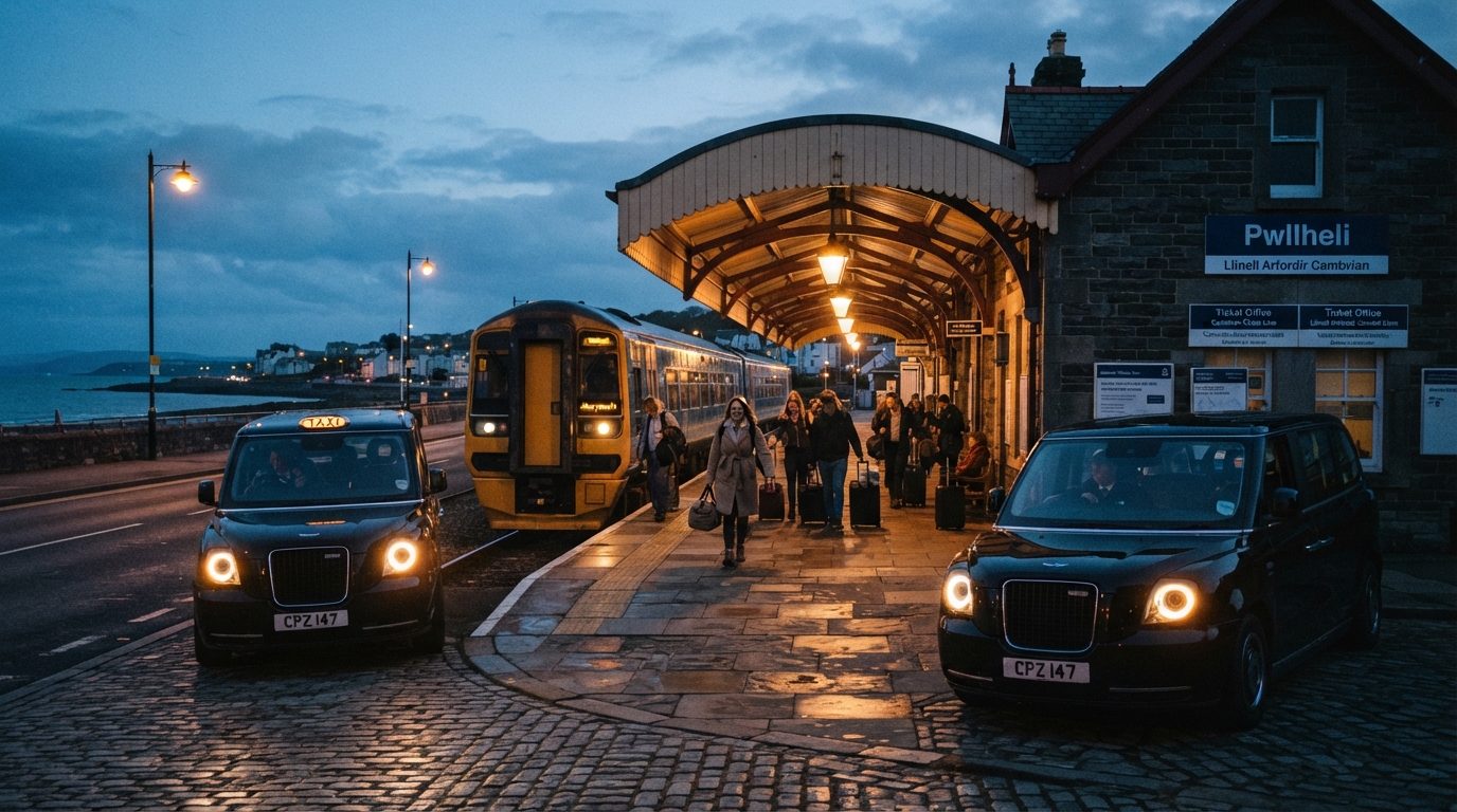 Atmospheric photography of Pwllheli railway station terminus at dusk