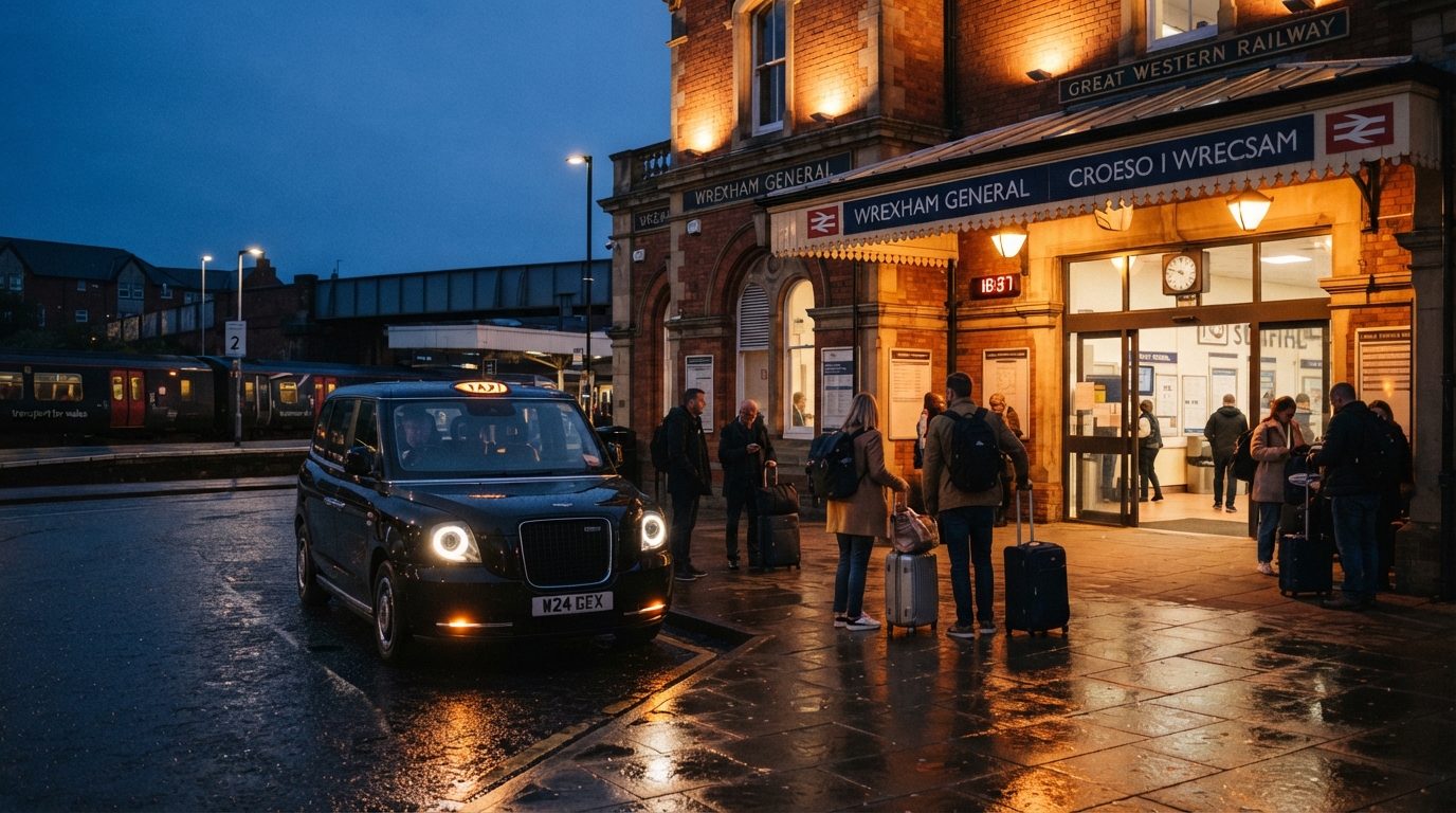 Atmospheric twilight photography outside Wrexham General railway station, passengers with bags waiting, a sleek modern black UK taxi cab with glowing headlight reflections on clean pavement, warm architectural lighting, cinematic editorial mobility style.