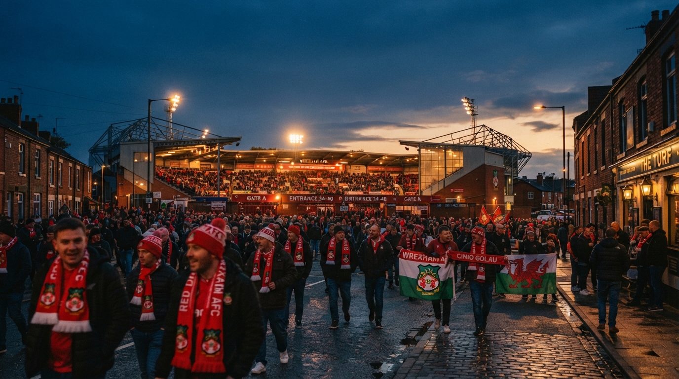 Cinematic photography of Y Cae Ras (The Racecourse Ground) stadium in Wrexham on match day dusk, atmospheric stadium floodlights glowing, passionate football supporters in red scarves walking towards the ground, clean UK streetscape, high-end editorial travel magazine style, deep navy and warm amber lighting.