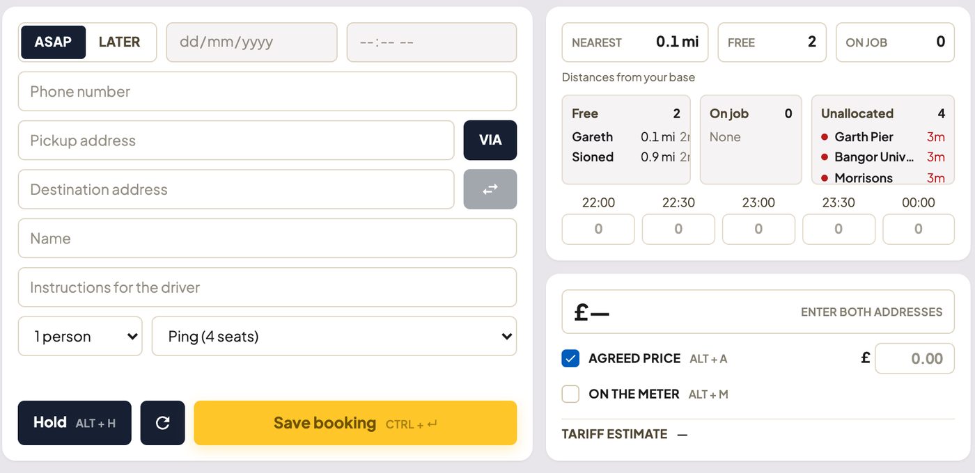 Close-up of the dispatch console: the phone booking form with ASAP or Later, pickup, via and destination, the Hold and Save booking buttons with their keyboard shortcuts, the nearest free cars with distances, and the agreed price or on the meter choice with a tariff estimate