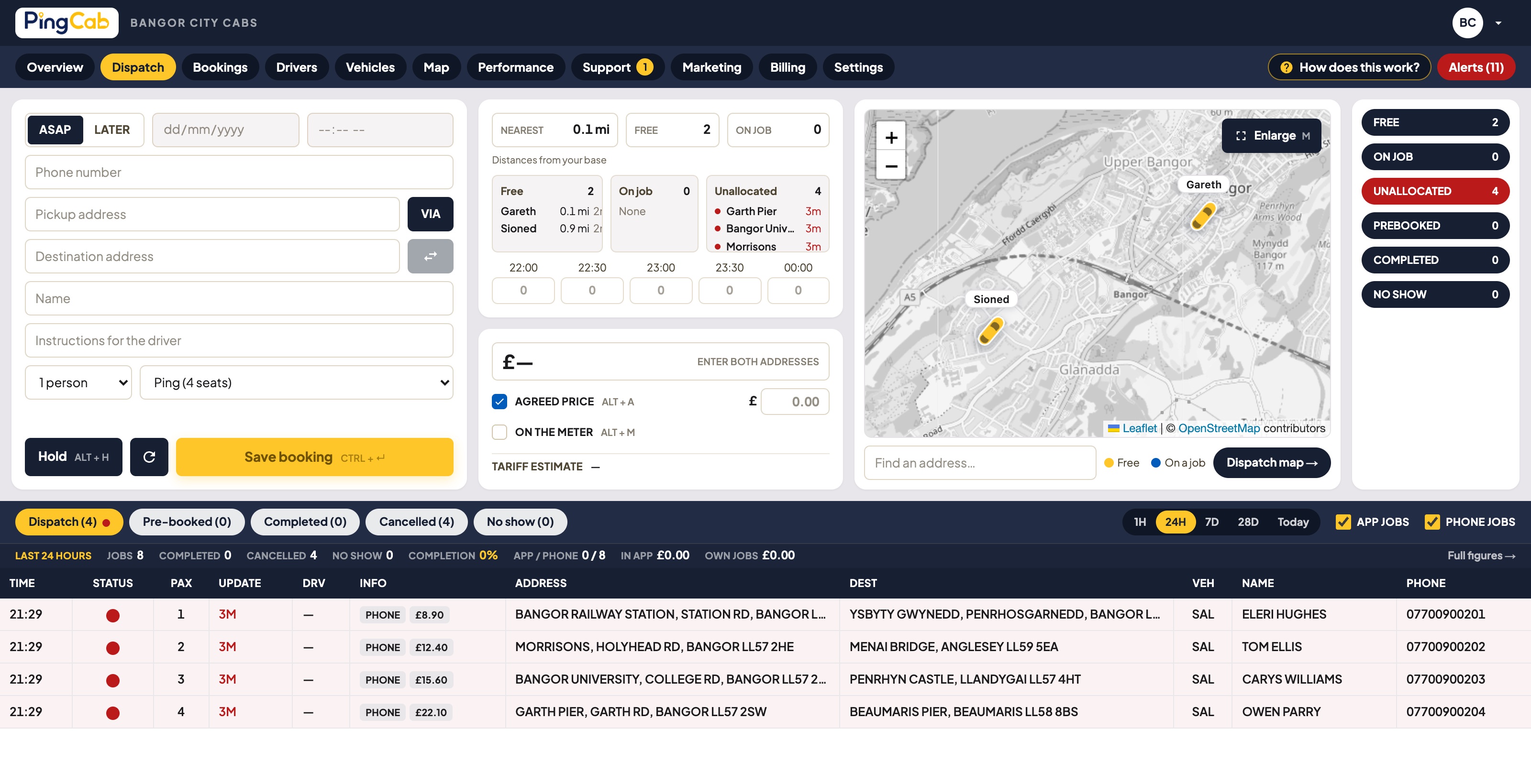 The PingCab firm portal: the dispatch console with a phone booking form, nearest free cars, the live fleet map and the job queue