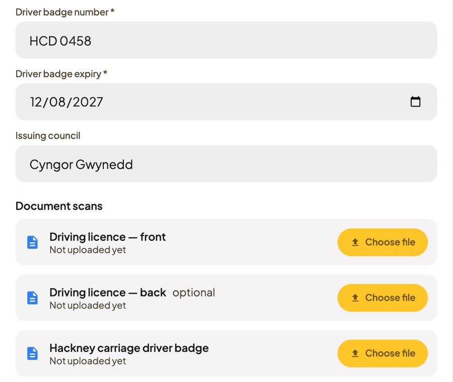 The Add a driver form in the portal: the driver's badge number and expiry date, issuing council, and upload slots for the driving licence front and back and the hackney carriage driver badge
