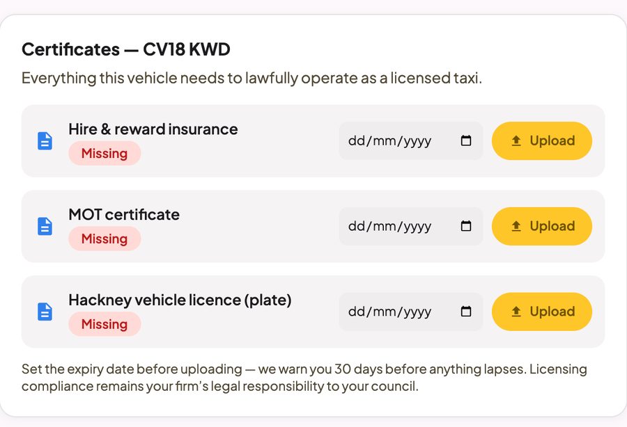 The Certificates card for a vehicle in the portal: hire and reward insurance, MOT certificate and hackney vehicle licence plate, each with an expiry date and an Upload button, with a note that the firm is warned 30 days before anything lapses
