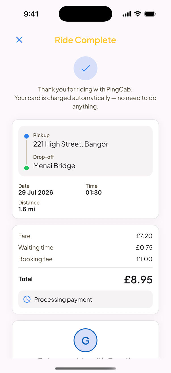 The PingCab passenger app receipt after a ride: the fare, waiting time and booking fee itemised, charged automatically to the passenger's card